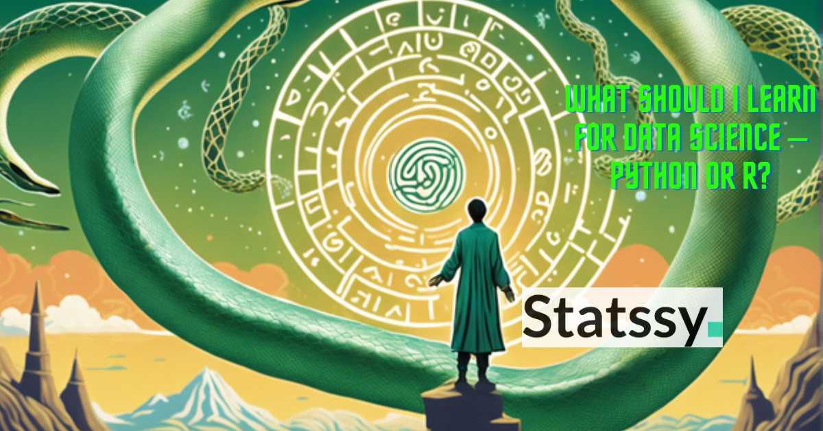 A mage summoning the essence of Python and a sage channeling the power of R, both rooted in age-old knowledge, as a balance scale rests between them, reflecting the equilibrium and decision in choosing a data science tool.