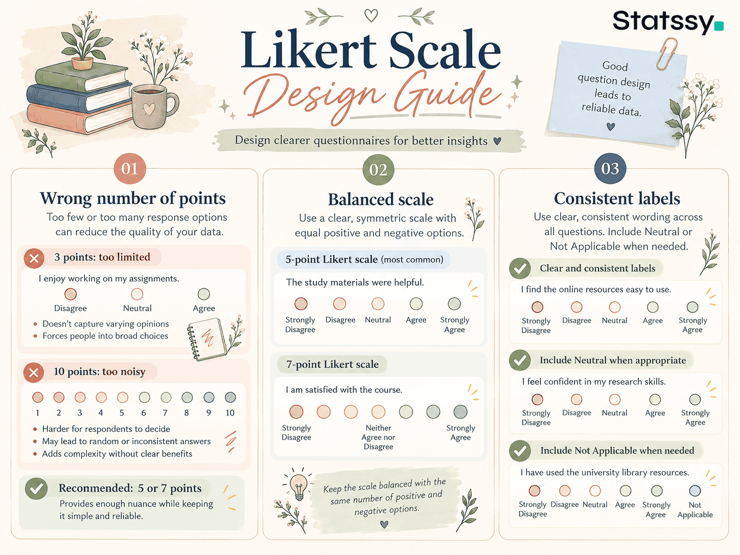 Likert scale design guide comparing response points, balanced scales and consistent labels