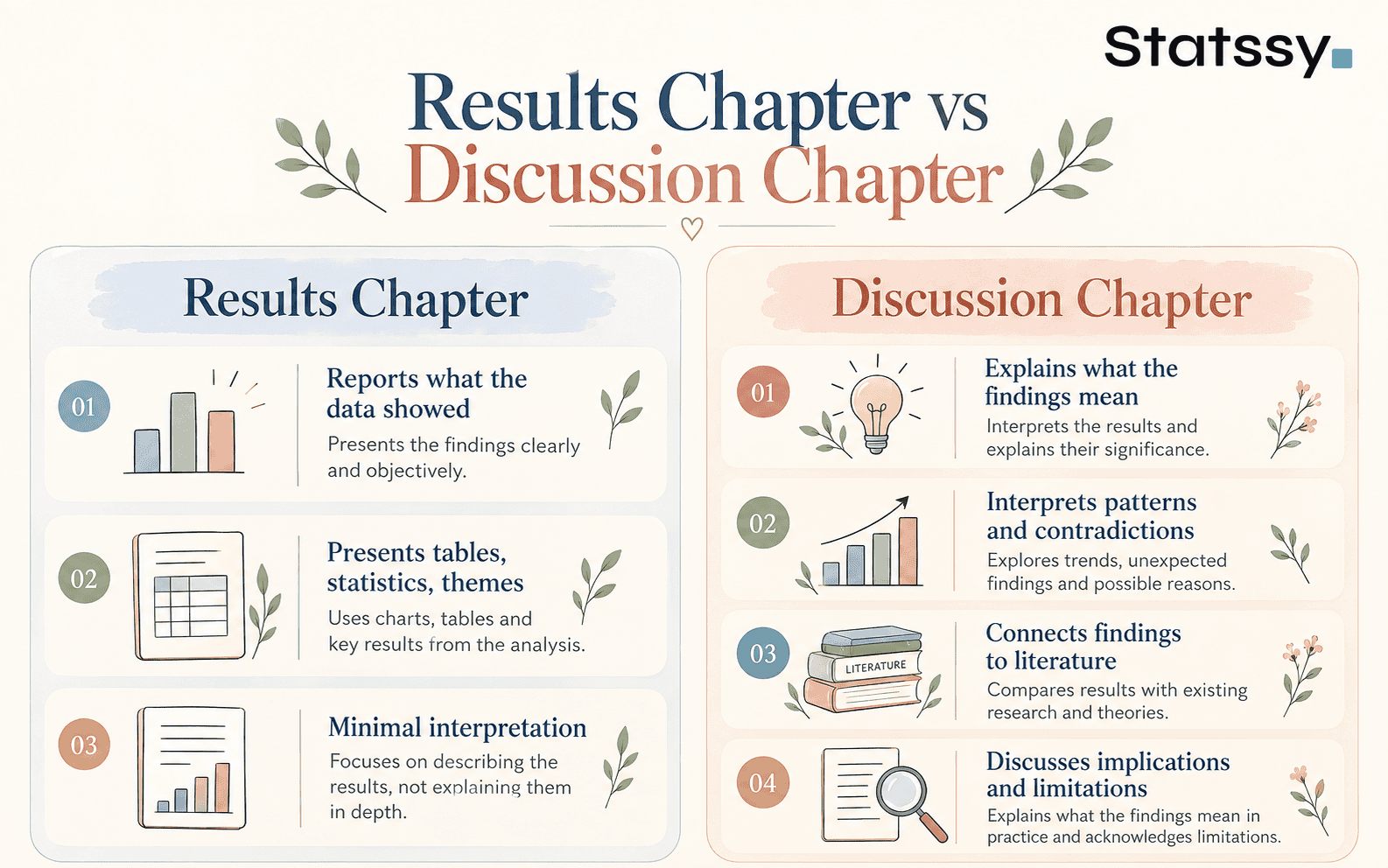 Results chapter versus discussion chapter infographic comparing reporting findings and interpreting their meaning