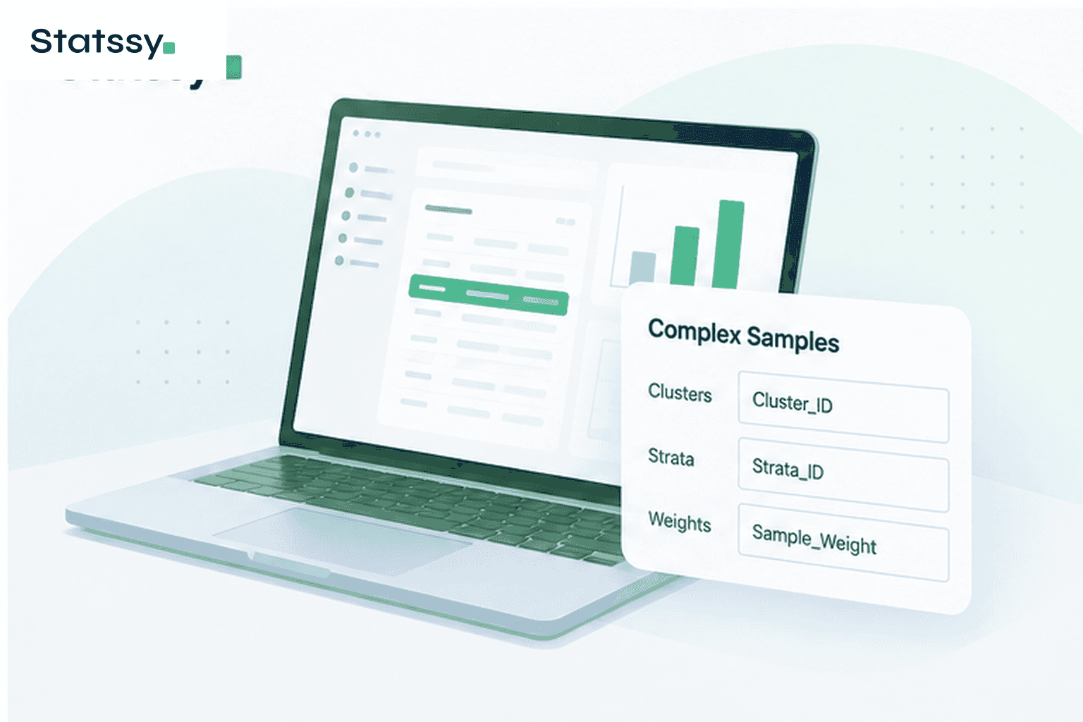 Minimal laptop illustration representing SPSS Complex Samples with cluster strata and weight variables